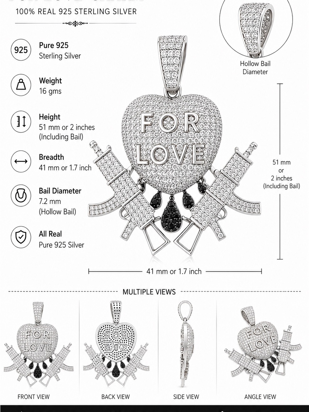 925 Sterling Silver 'For Love' Heart Pendant with Black Accent Stones